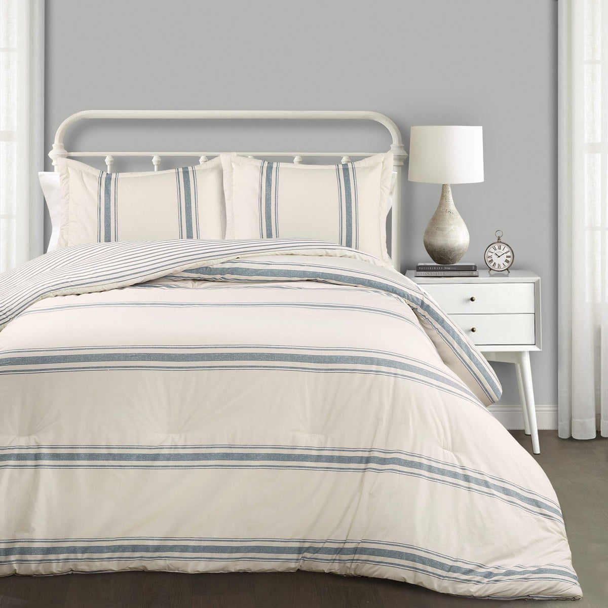 Lush Decor Farmhouse Stripe Reversible Cotton Comforter Set 3 Piece Set Full/ Queen Blue - Cozy Farmhouse Bedding Set - Rustic Decor - Striped Comforter - Modern Farmhouse Bedroom Decor
