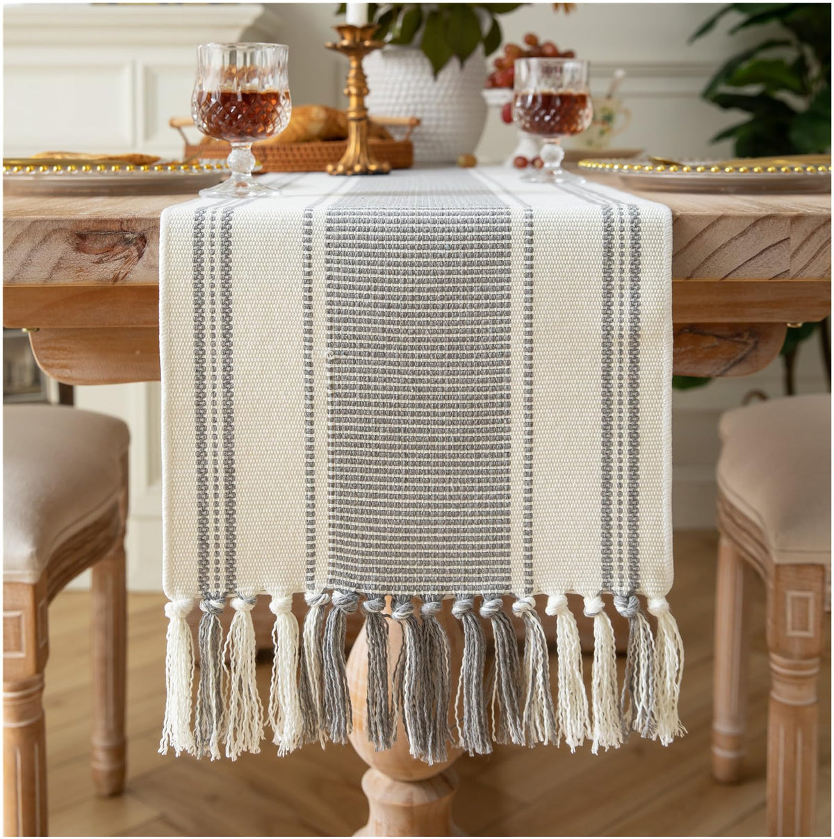 Caflife Boho Table Runner Grey Stripe for Modern Farmhouse Coffee Table Decor Rustic Woven Runner with Handcrafted Tassels for Home Dining Table décor 13 x 108 Inch Long