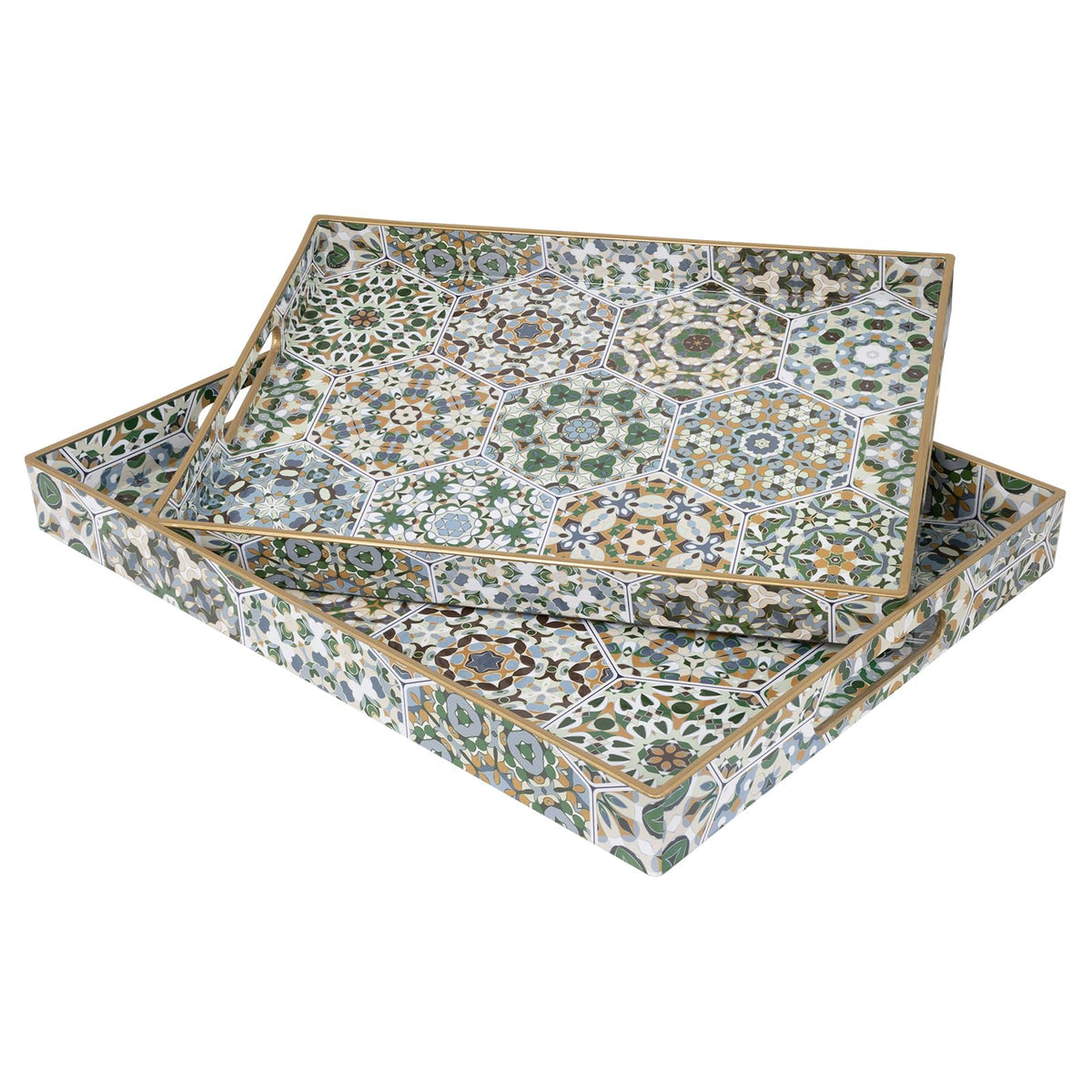 MAONAME Rectangular Decorative Tray Modern Bohemian Serving Tray with Handles Marbling Plastic Tray for Ottoman Coffee Table Tray for Living Room Home Decor Set of 2