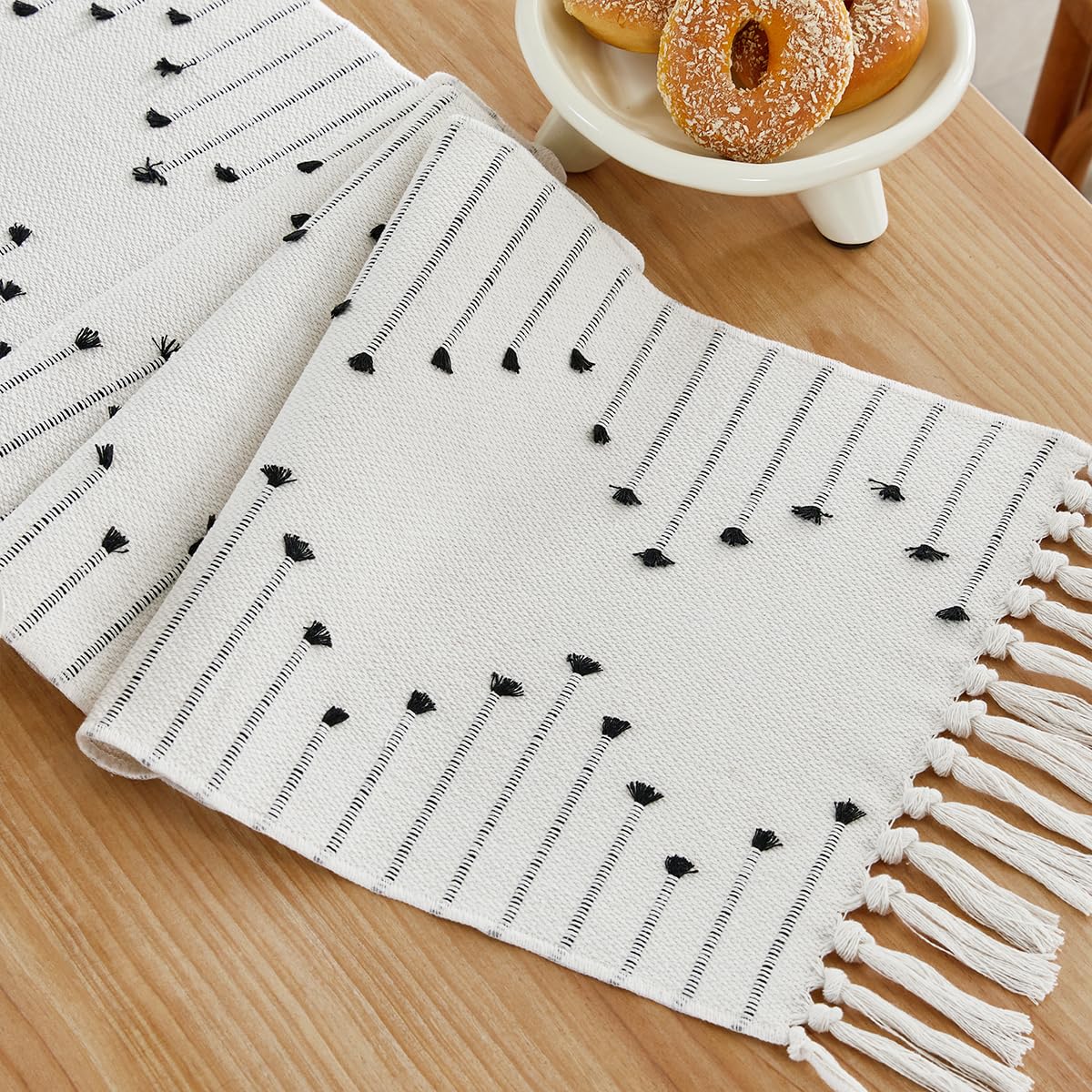 Wracra Boho Table Runner Natural Cotton Woven Macrame Table Runners 90 Inches Long for Modern Farmhouse Woven Home Decor 14x90 Inch Black