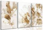 3 Pcs Modern White Floral Golden Leaves Canvas Wall Art Neutral Boho Beige Botanical Painting Pictures Nordic Wall Decor Posters Print Artwork for Bedroom Living room Office Home Decoration
