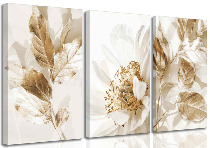 3 Pcs Modern White Floral Golden Leaves Canvas Wall Art Neutral Boho Beige Botanical Painting Pictures Nordic Wall Decor Posters Print Artwork for Bedroom Living room Office Home Decoration