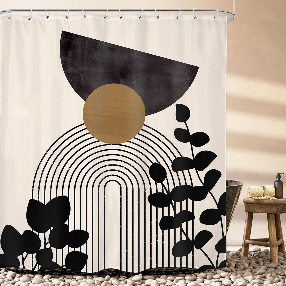 LIGHTINHOME Mid Century Shower Curtain 60Wx72H Inches Geometric Boho Abstract Plant Modern Neutral Eucalyptus Brown and Black Cloth Fabric Waterproof Polyester Bathroom Home Decor Set with Hooks