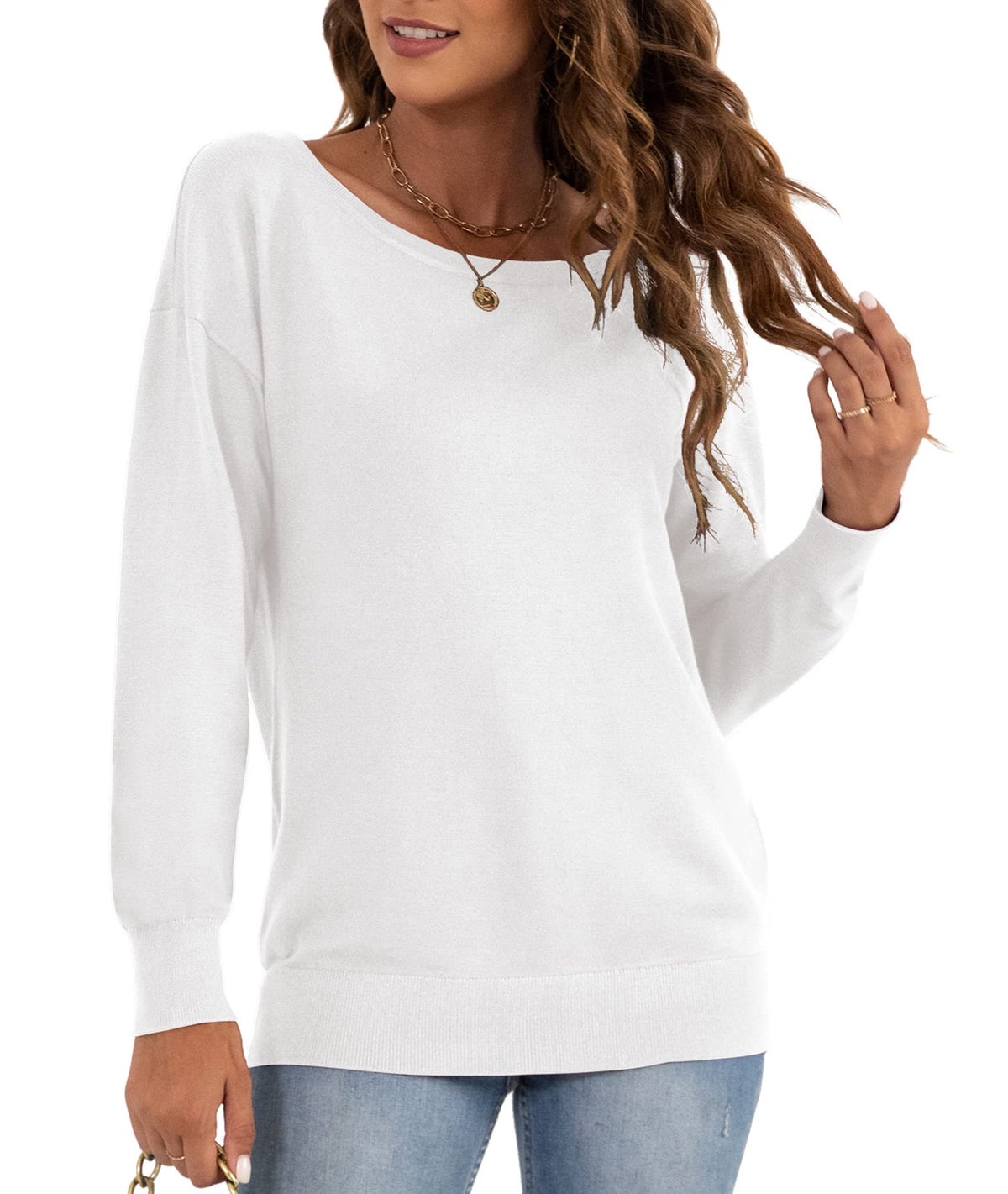 LILBETTER Womens Comfy Casual Pullover Sweaters Long Sleeve Loose Knitted Sweater(WhiteMedium)