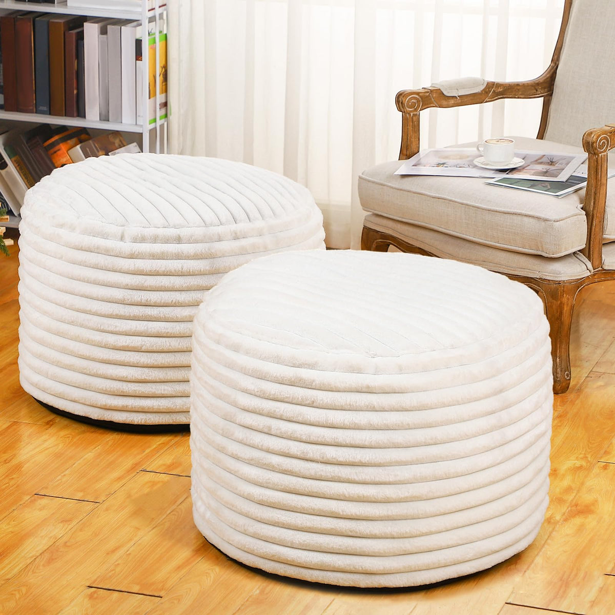 Teenyyou 2 Pcs Unstuffed Pouf Cover Ottoman Foot Rest Faux Rabbit Fur Foot Stool Floor Bean Bag Floor Chair Storage for Living Room Bedroom Home Decor No Filler (Beige26 x 18 in)