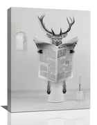 Funny Deer Bathroom Wall Art Black And White Animal Pictures Wall Decor Cute Deer Elk Bathroom Canvas Print Painting Artwork Modern Home Bathroom Decorations for Restroom Toilet Framed 12"x16"