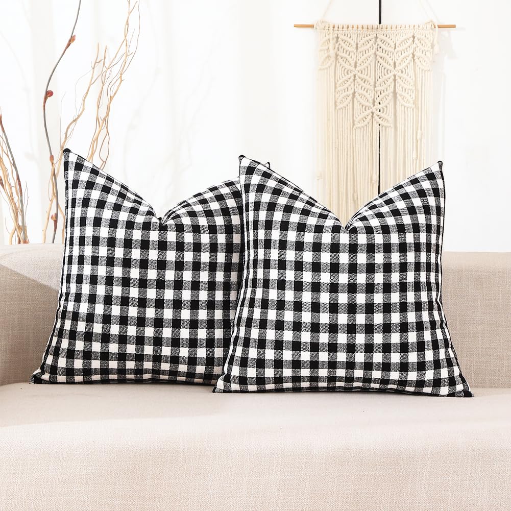 CARRIE HOME Black and White Buffalo Plaid Outdoor Pillow Covers 18x18 Set of 2 18 x 18 Modern Farmhouse Decor Couch Pillows Black White Winter Christmas Holiday Plaid Pillows (No Pillow Inserts)