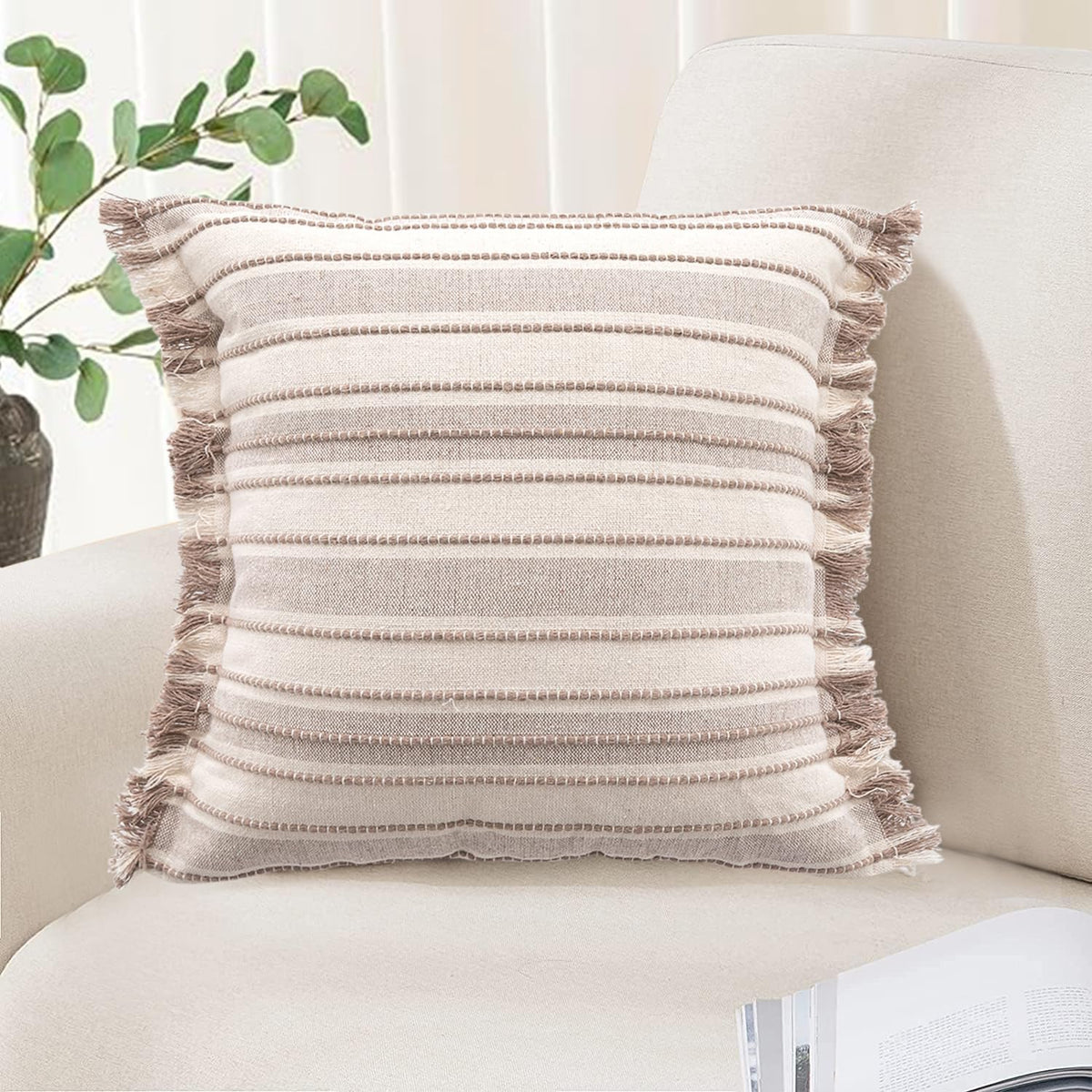 Virexen Boho Throw Pillow Covers 18x18 Beige and Brown Pillow Covers with Fringe Striped Textured Pillow Case Farmhouse Decorative Pillow Covers for Couch Sofa(No Pillow Insert 1PC)