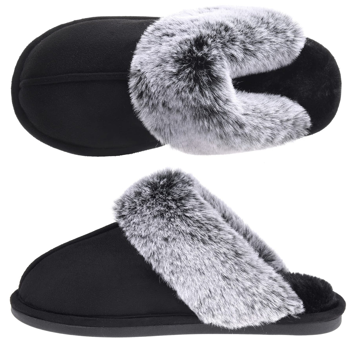 VANSARTO Womens Comfy Faux Fur Scuff Slippers Micro Suede Memory Foam Slip on Fuzzy Slide House Shoes Anti-Skid Sole Black Size 11-12