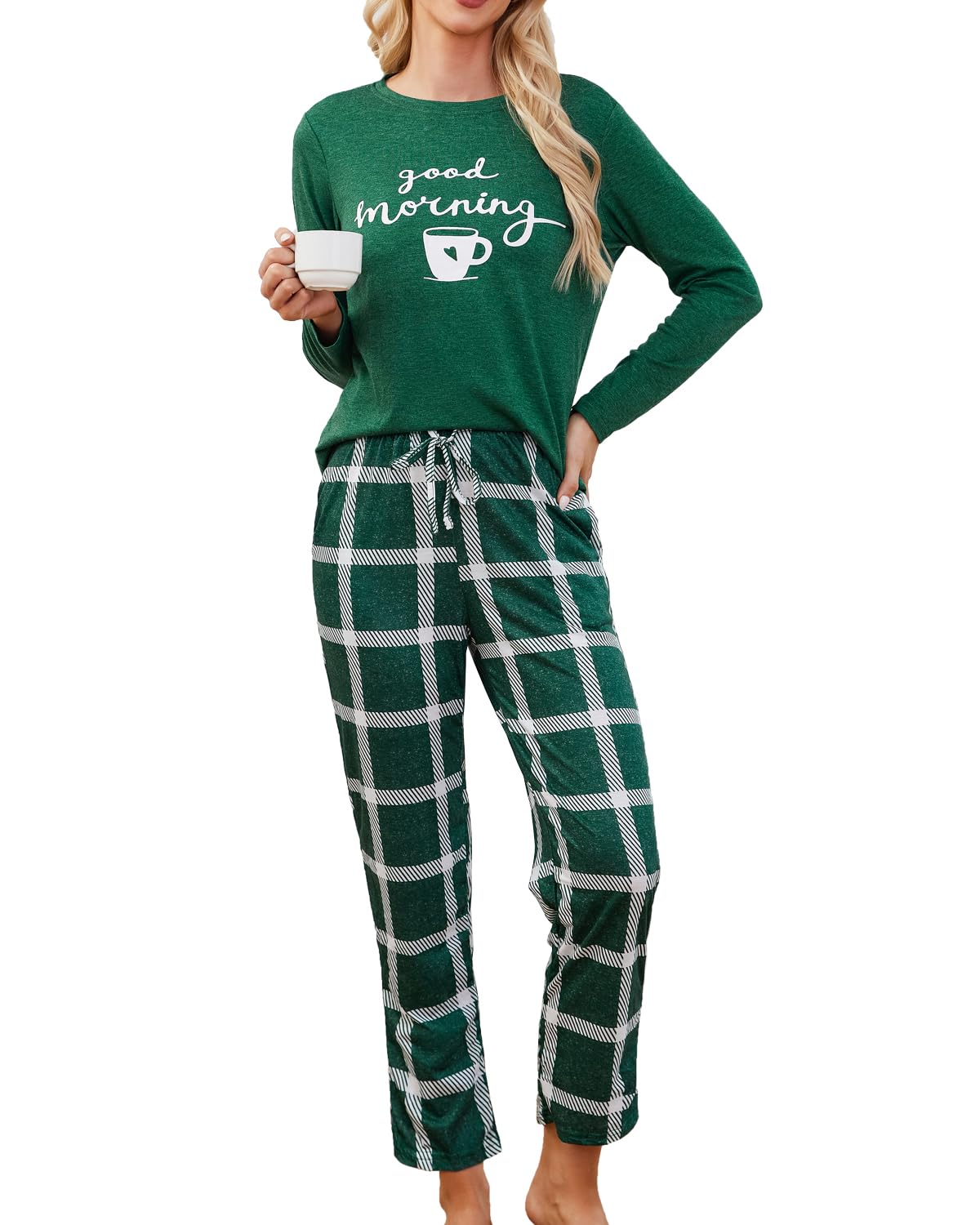 difficort Pajamas for Women Soft Sleepwear Set Long Sleeve Comfy Pjs Top and Pants Loungewear Dark Green Large