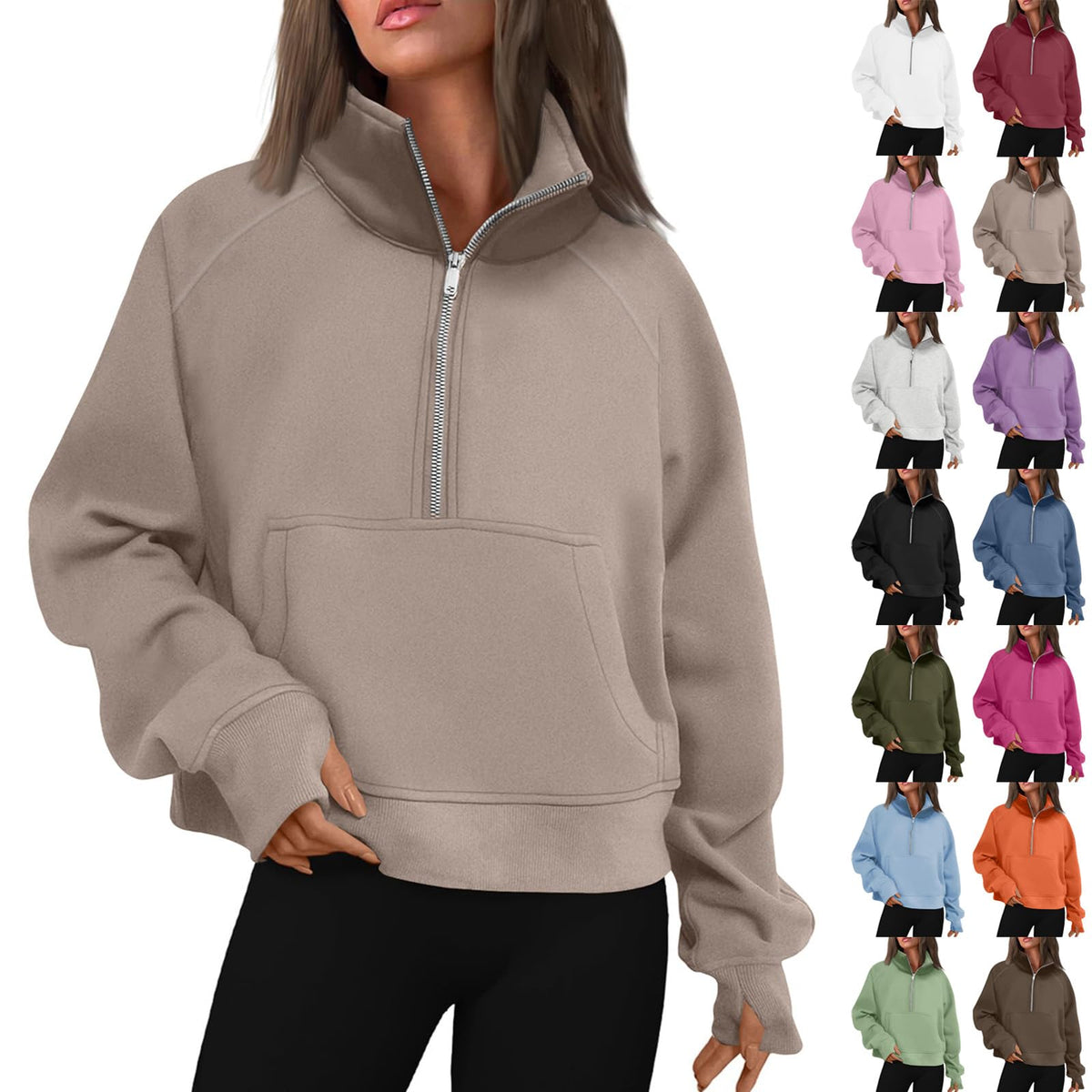 Jielayou 1/4 Zip Pullover Women Fall Fleece Oversized Sweatshirt Trendy Half Zip Hoodie Cropped Sweater with Thumb Hole Stand Collar Y2k Cute Hoodies Comfy Long Sleeve Pullover Sweaters with Pockets