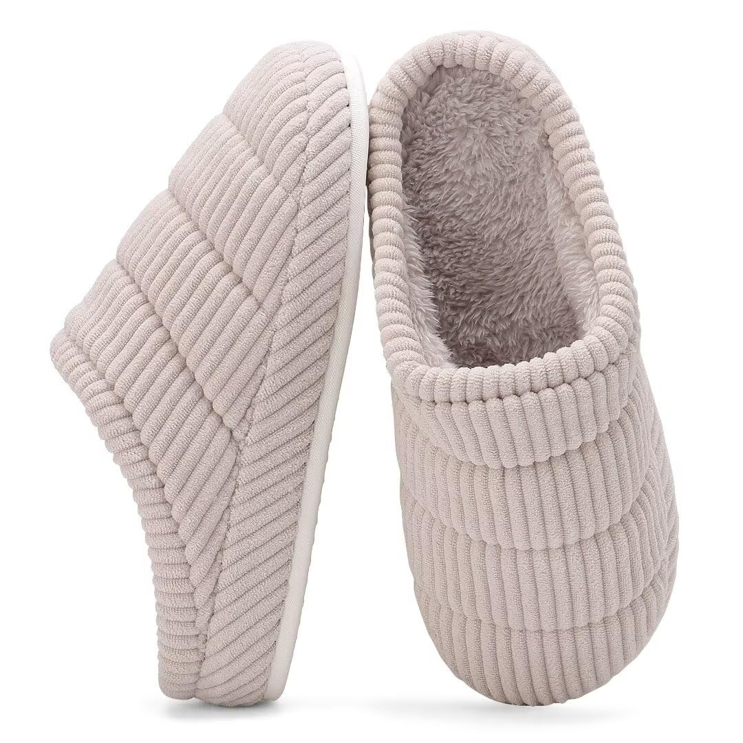 NineCiFun Womens Fuzzy House Slippers Corduroy Memory Foam Slippers Warm Slip On Comfy Bedroom Slippers Indoor Outdoor Shoes Beige 13 14