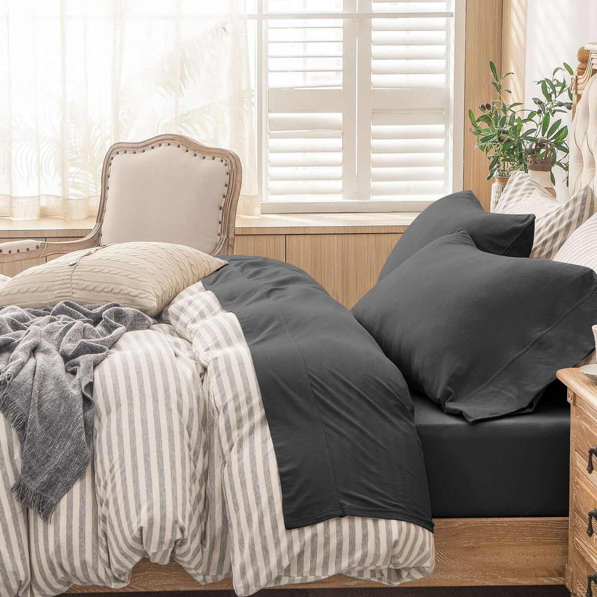 PURE ERA Jersey Knit 4pc Bed Sheet Set 100% T-Shirt Cotton Super Soft Comfy Breathable Fits Mattress Up to 20" Extra Deep Pocket (Solid Deep Grey King)