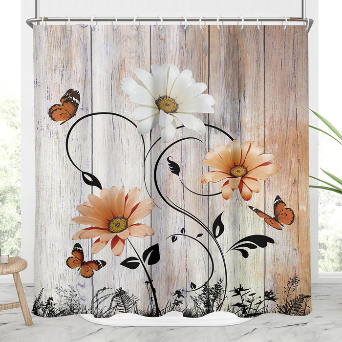 AAtter Burnt Orange Floral Shower Curtain Rustic Flower White Daisy Country Butterfly Vintage Terracotta Bright Polyester Home Bathroom Decor Bathtub Set with 12 Hooks 72x72 Cottagecore
