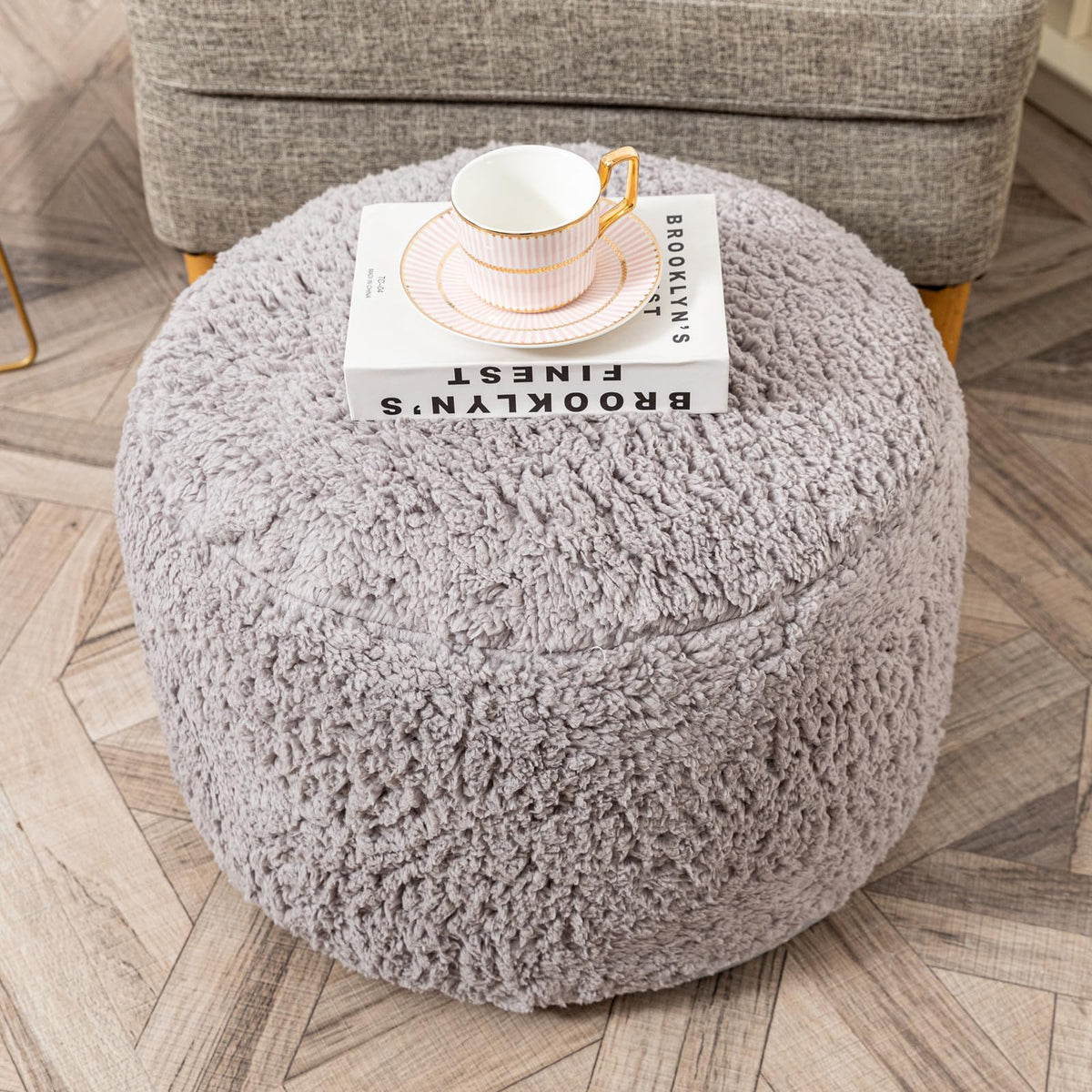 Round Pouf Ottoman Stuffed Plush Fiber Pouf Ottoman FootrestFoot Stool Bean Bag Ottoman Floor Pouf for Bedroom Living Room Accent Seat 20x12inches with Modern Foam Filler (Gray)