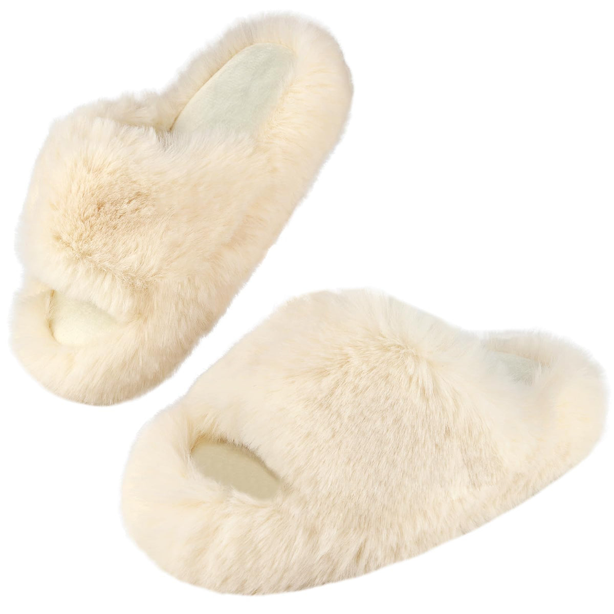 Girls Fuzzy Memory Foam Slippers Comfy丨Kids Fluffy Plush Open Toe House Slippers丨Slip On Furry Home Slides丨Indoor Outdoor Fur Flip Flop Beige 11 Little Kid