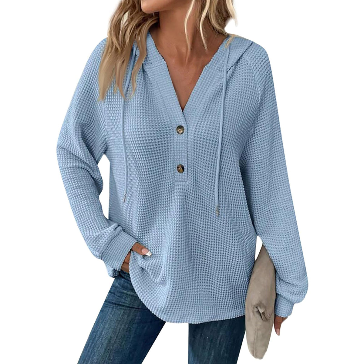 Deals Of The Day Hoodies For Women Oversized Casual Waffle Knit Sweatshirts With Hood Trendy Comfy Long Sleeve Button V Neck Loose Fit Pullover Fall Clothes(Sky Blue3X-Large)