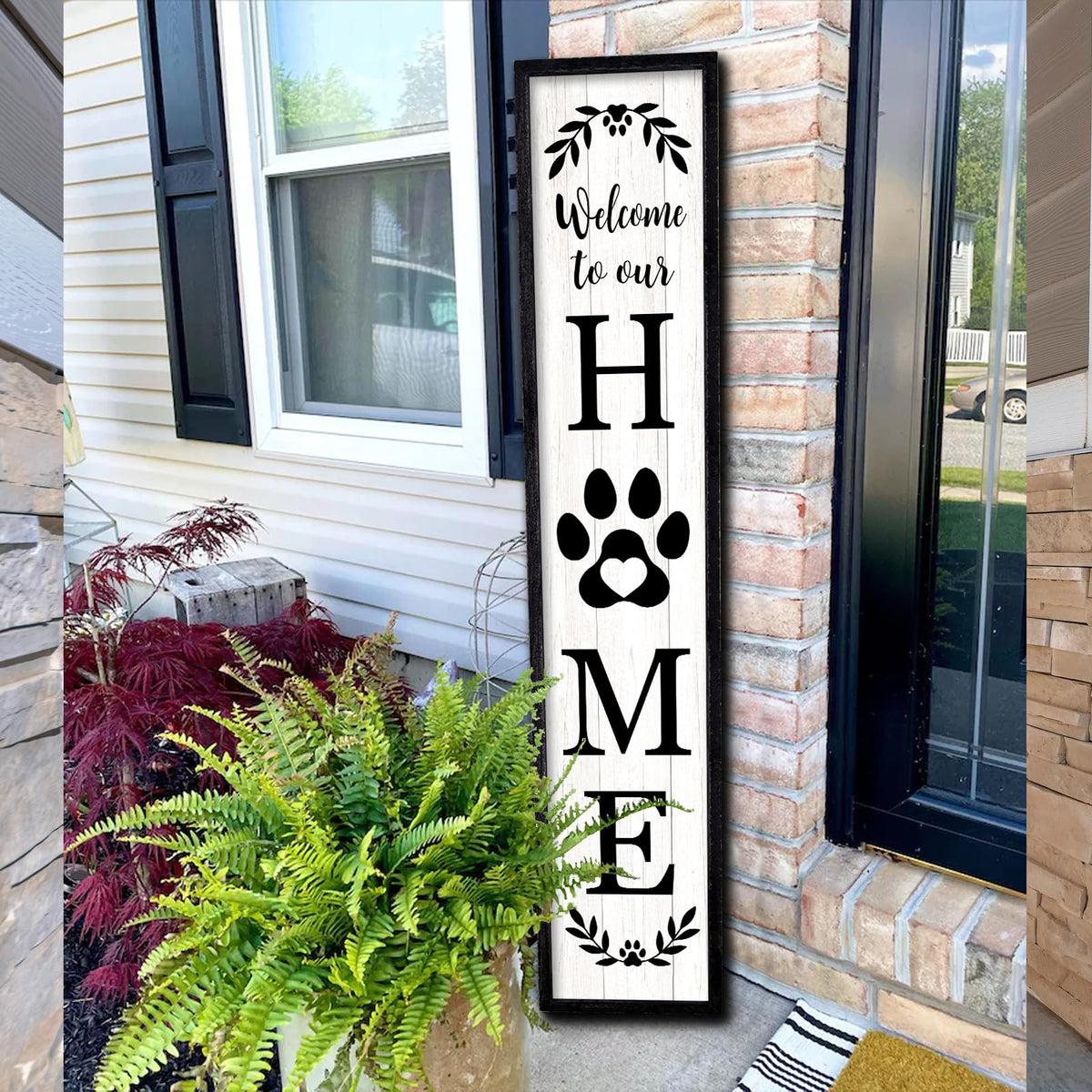 Welcome To Our Home Sign For Front Porch Standing 45"X9" Large Rustic Farmhouse Outdoor Tall Wood Framed Vertical Paw Print Welcome Signs Modern Outside Front Door Wall Decor (Black)