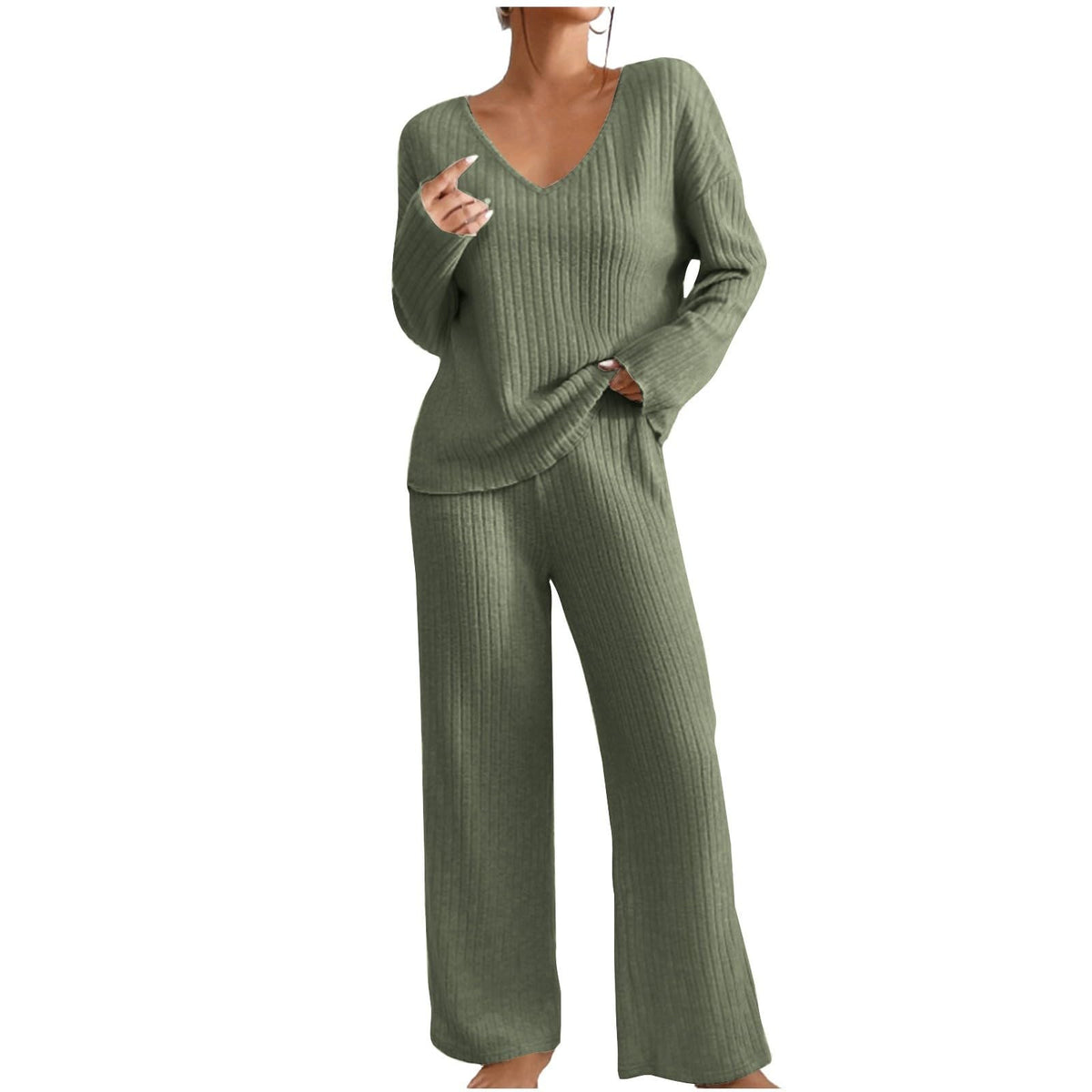 Comfy Lounge Sets for Women Constituent Clothing Joggers for Women Womens Solid Color Stripe V-Neck Long Sleeved Top and Pants Two-Piece Set Two Piece Sets for Women Fall Army Green Large